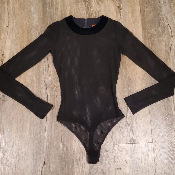 ALIX NYC Tops - *NEW* ALIX NYC Black Long-Sleeved Mesh Bodysuit with Blue Velour Trim - Small
